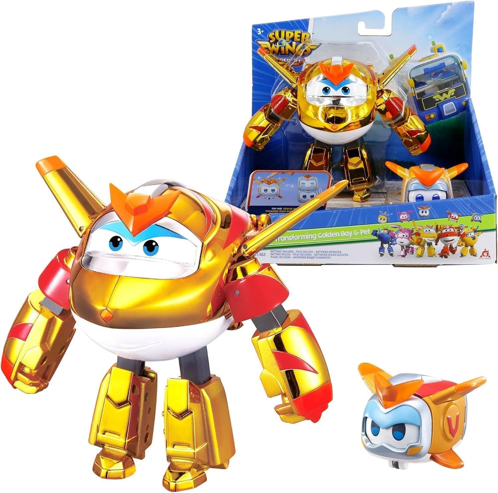 Super Wings EU770447 - Transforming Tino & Pet, figură de joacă transformabilă cu înălțimea de aprox. 14,5 cm și animal de companie cu înălțimea de aprox. 4,3 cm, pentru copii cu vârsta de peste 3 ani Action figures Naty Shop Băiatul de aur