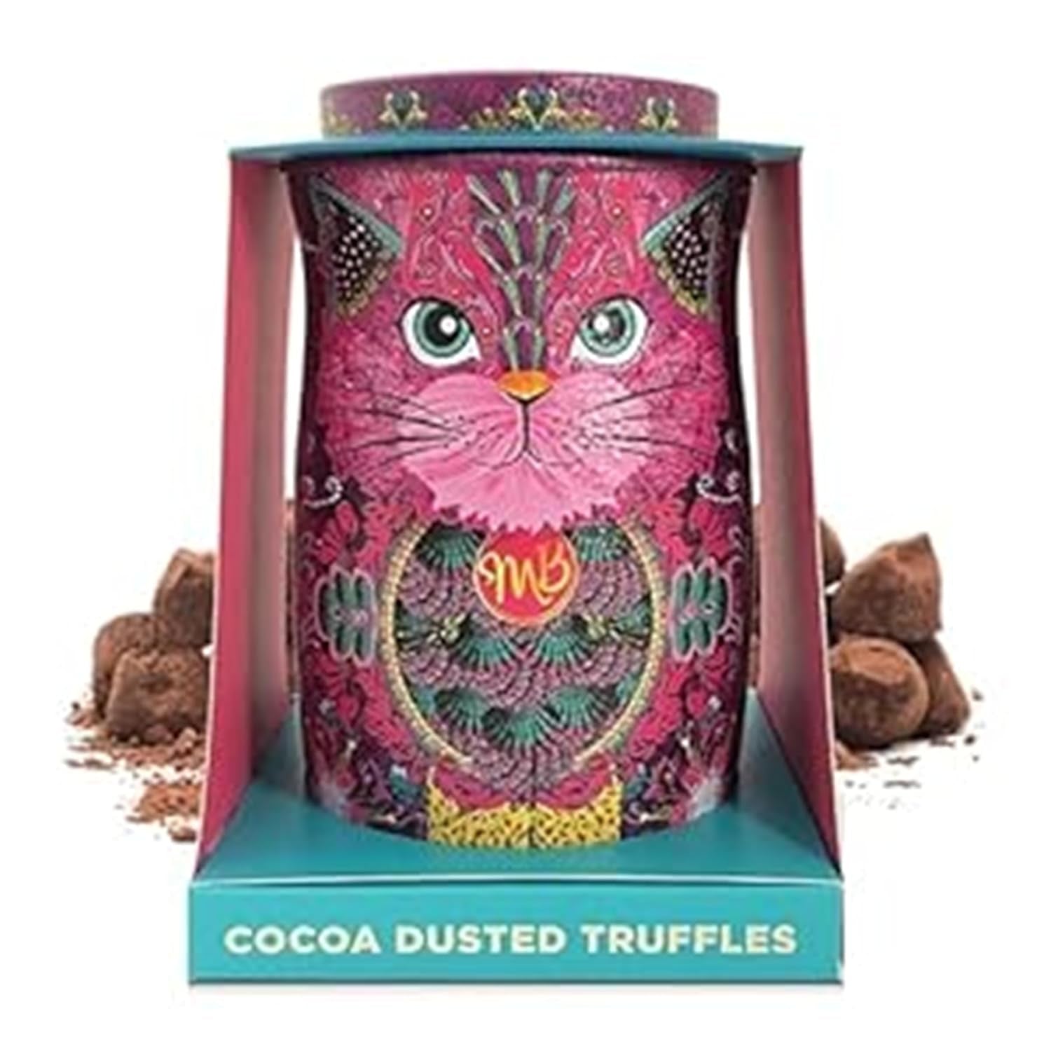 Trufe de ciocolată Monty Bojangles Savanna Gold (135g) pudrate cu cacao, praline, set cadou într-o cutie individuală de colecție cu design de pisică, aromă de scotch Flutter
