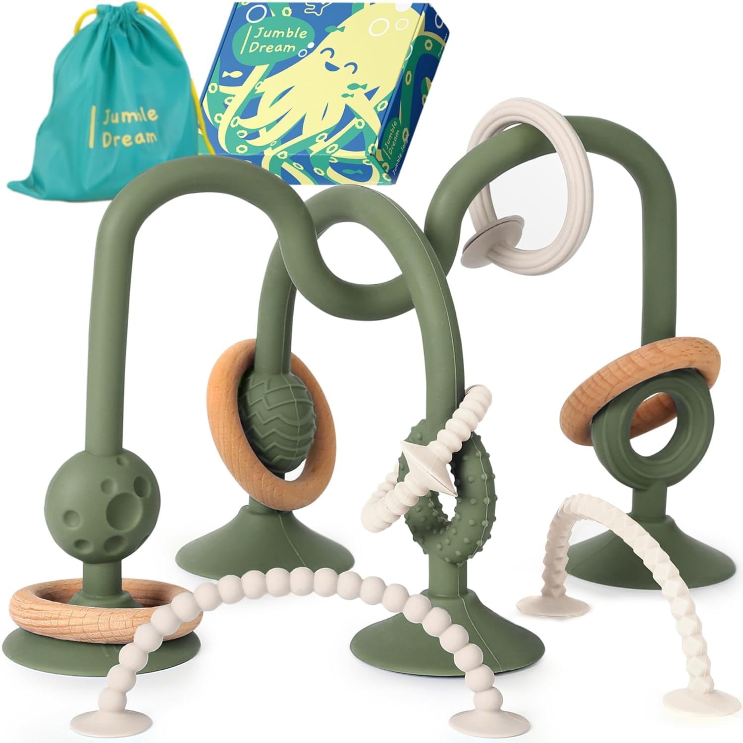 Inel de dentiție pentru bebeluși JUMBLE JANGLE: Jucărie de dentiție pentru bebeluși 3-24 luni | Set de 7 piese de jucării de mestecat fără BPA | Inel de dentiție din silicon răcoritor | Jucărie pentru copii mici cu ventuză pentru scaun înalt, masă și cadă
