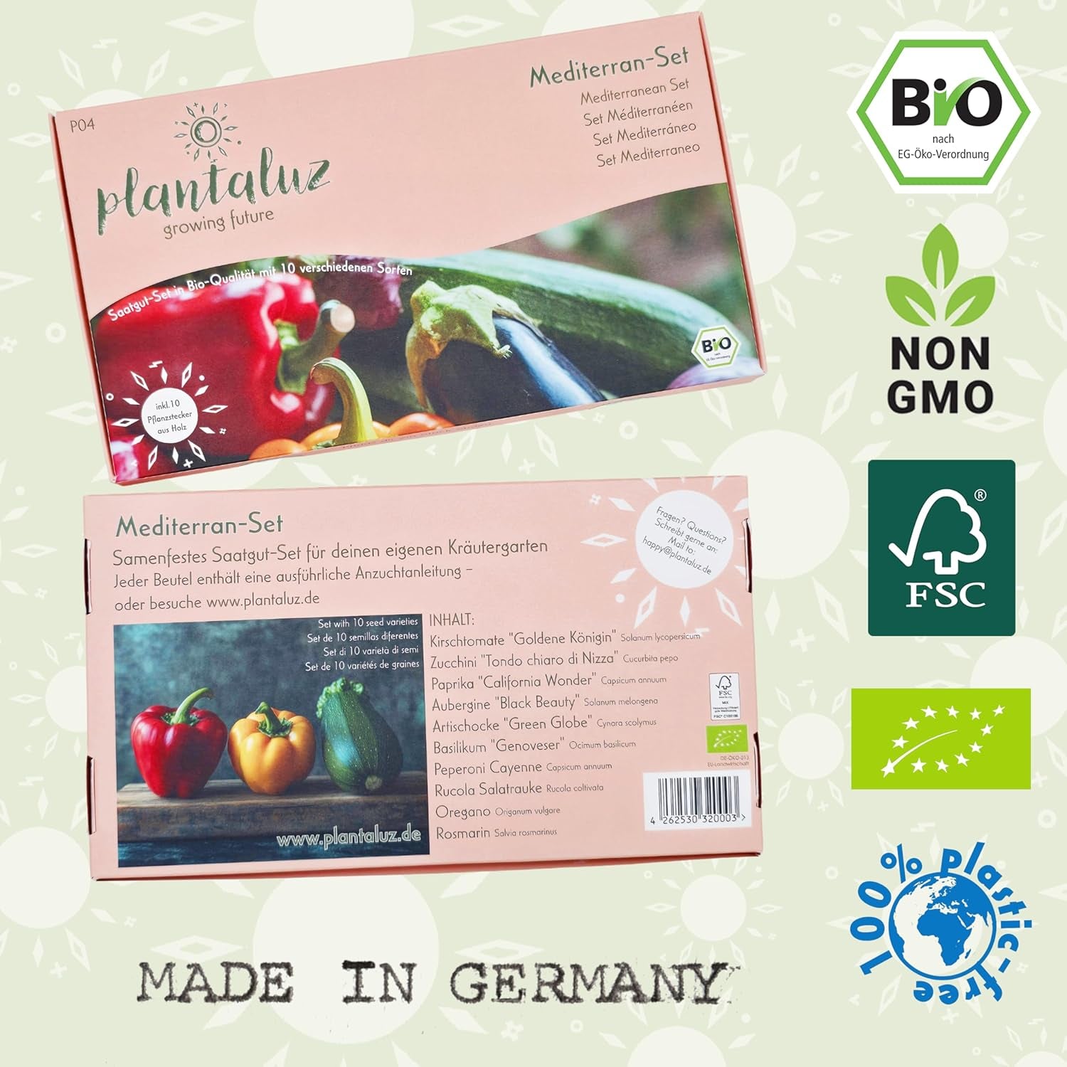 Set de semințe premium organice Plantaluz P04 – Set de semințe mediteraneene pentru legume și plante aromatice cu 10 soiuri pentru grădină, balcon și straturi înalte – incl. bețe de plantare FSC – Semințe organice cu polenizare liberă și fără OMG