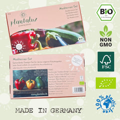 Set de semințe premium organice Plantaluz P04 – Set de semințe mediteraneene pentru legume și plante aromatice cu 10 soiuri pentru grădină, balcon și straturi înalte – incl. bețe de plantare FSC – Semințe organice cu polenizare liberă și fără OMG