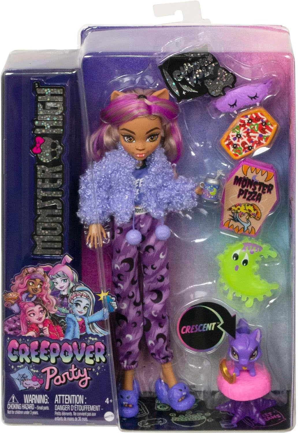 Păpușa MONSTER HIGH și accesorii pentru petrecerea în pijamale, păpușa Clawdeen Wolf cu pisică de companie, semilună, petrecere Creepover, HKY67