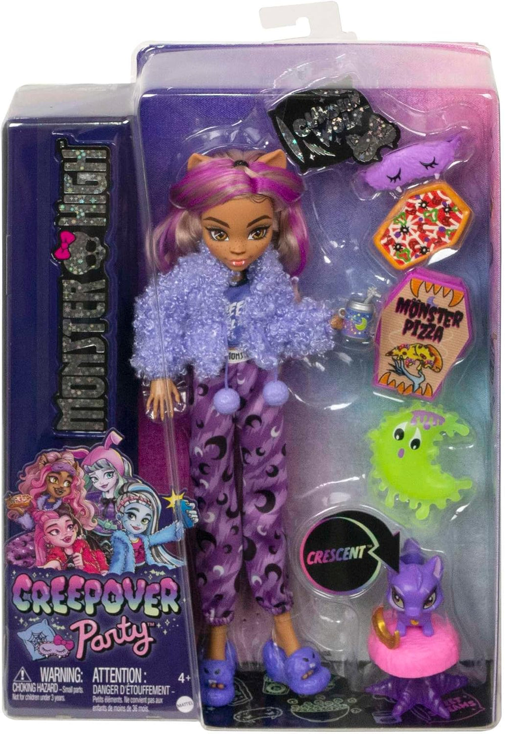 Păpușa MONSTER HIGH și accesorii pentru petrecerea în pijamale, păpușa Clawdeen Wolf cu pisică de companie, semilună, petrecere Creepover, HKY67