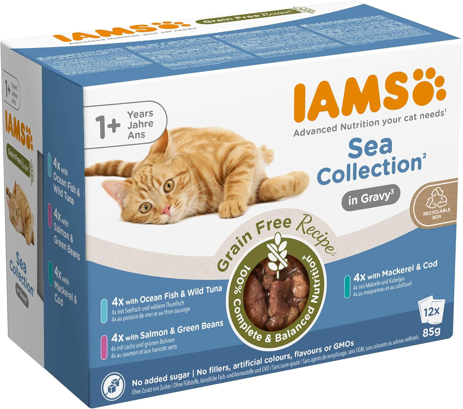 IAMS Delights Sea Collection Hrană Umedă pentru Pisici fără Cereale - Pachet Multiplu cu Varietăți de Pește în Sos, Hrană Umedă fără Cereale pentru Pisici de la 1 An, 12 x 85g