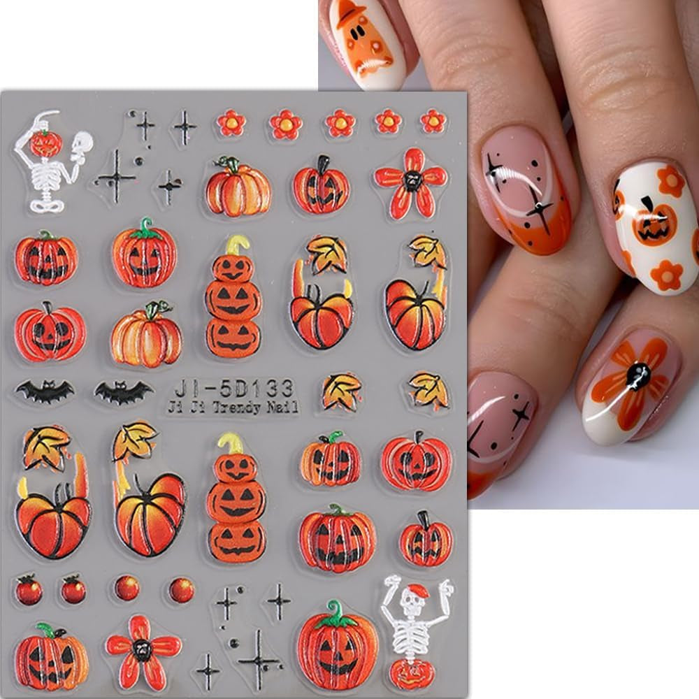 JMEOWIO 3D Nagelsticker Halloween Nail Art Sticker Selbstklebend Nagelaufkleber 5D Stereoskopisch Süßer Geisterkürbis Dekoration Nageldesign Zubehör 4 Blatt