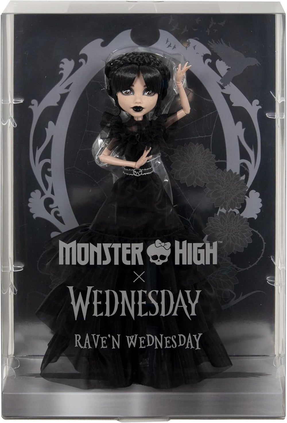 Păpușă Monster High Wednesday, figurină de colecție Rave'N Wednesday în rochie gotică neagră, inspirată de scena de dans, accesorii premium și suport pentru păpușă, HXJ03 Papusi Naty Shop