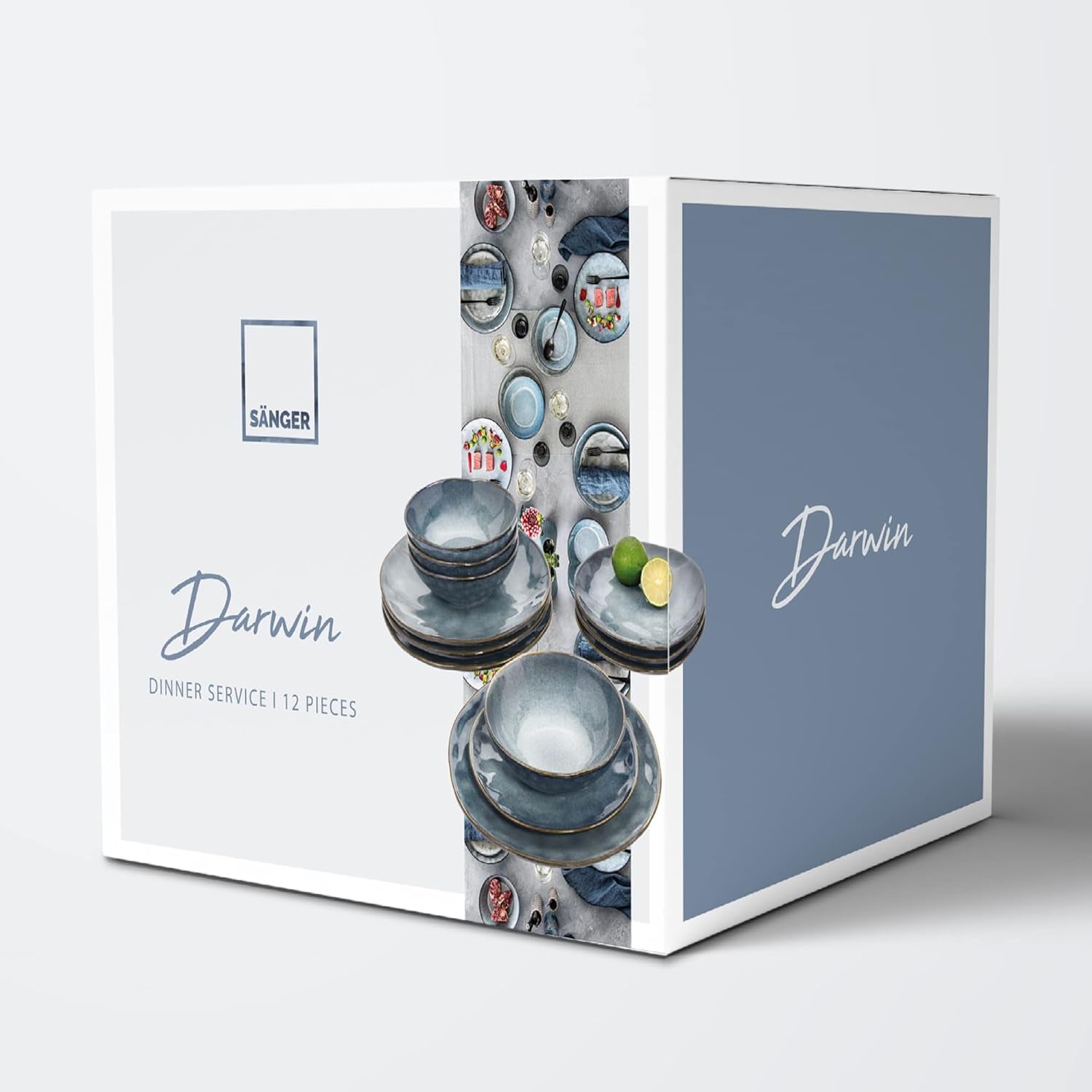 SÄNGER | Set de veselă Darwin cu 12 piese, set de veselă din gresie pentru 4 persoane, set de farfurii albastre care include farfurii de cină, farfurii de desert și farfurii de supă, set de veselă lucrat manual | COLECȚIA PREMIUM
