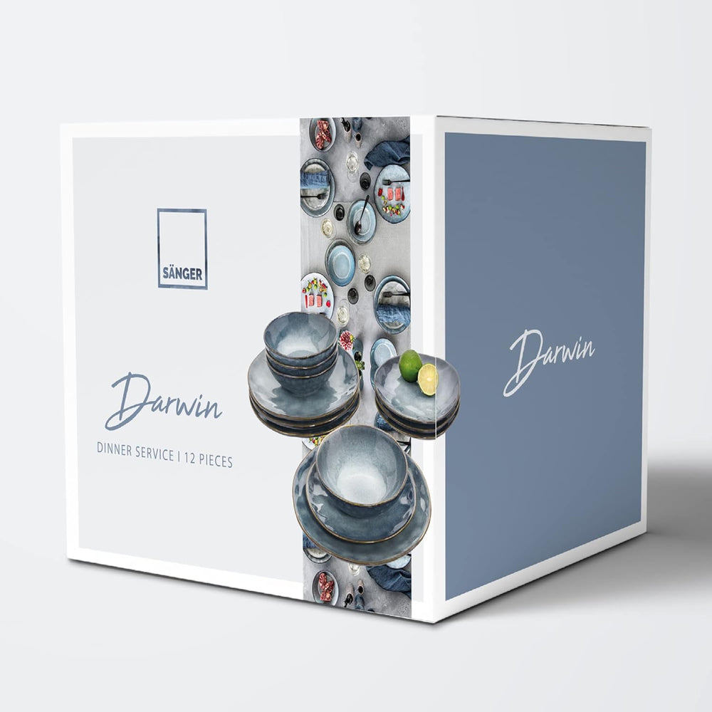SÄNGER | Set de veselă Darwin cu 12 piese, set de veselă din gresie pentru 4 persoane, set de farfurii albastre care include farfurii de cină, farfurii de desert și farfurii de supă, set de veselă lucrat manual | COLECȚIA PREMIUM