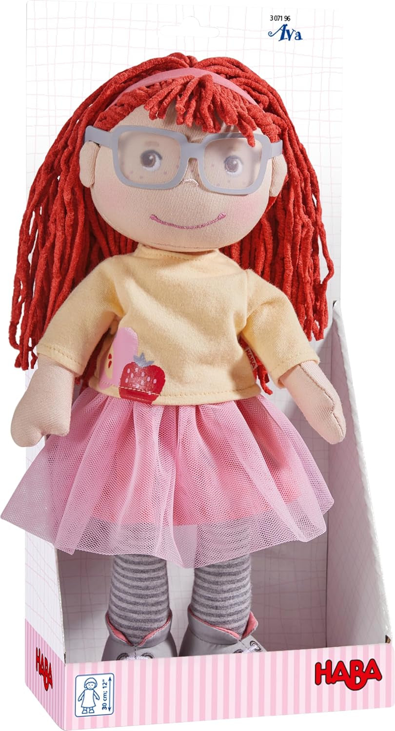 Păpușa HABA AVA, păpușă de 30 cm cu ochelari, păpușă moale pentru copii de la 18 luni