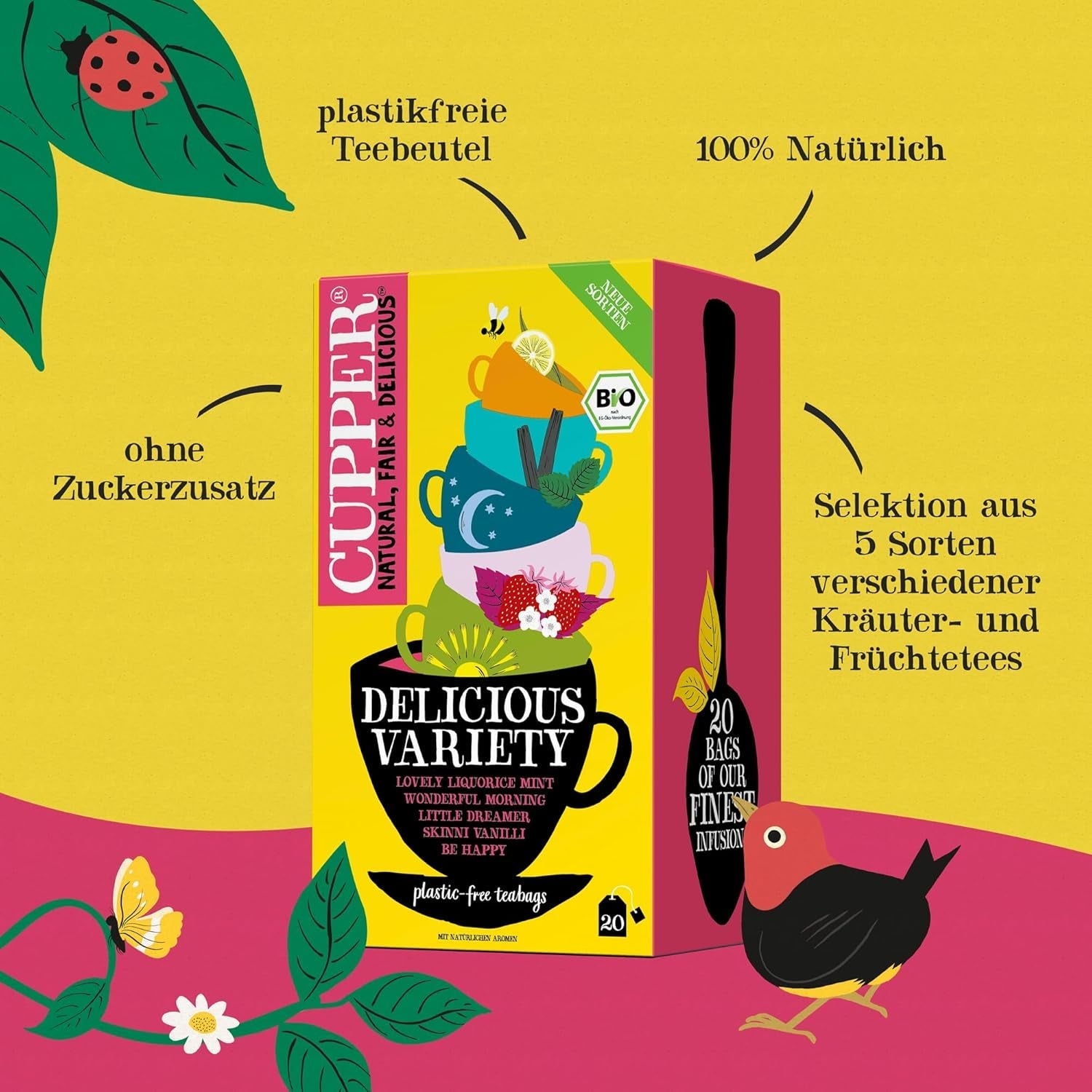 Set de ceaiuri bio Cupper Delicious Variety, 20 sortimente diferite de ceaiuri din plante și fructe, 20 pliculețe de ceai nealbite