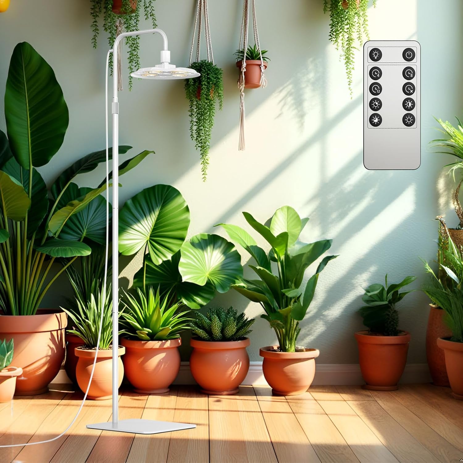 Lampă LED SANSI pentru plante cu spectru complet, 125W, cu lumină reglabilă, cu telecomandă pentru creșterea plantelor, înălțime reglabilă 120-180cm, temporizator 4/8/12 ore, 4 niveluri de luminozitate