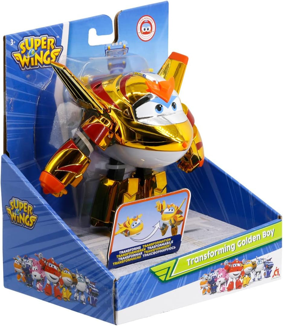 Super Wings EU750231 - Avion transformabil Golden Boy, aprox. 20,5 cm, figurină mare de joacă pentru copii, avion de jucărie transformabil și figurină robot Action figures Naty Shop