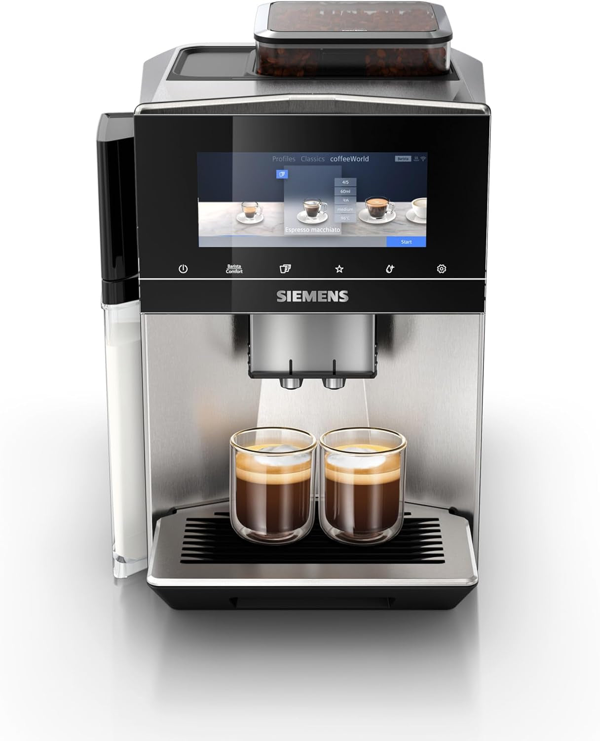 Espressor complet automat SIEMENS EQ900 TQ905D03, control prin aplicație, afișaj complet tactil, mod barista, reducere a zgomotului, până la 10 profiluri, râșniță premium, curățare automată cu abur, 1500 W, oțel inoxidabil
