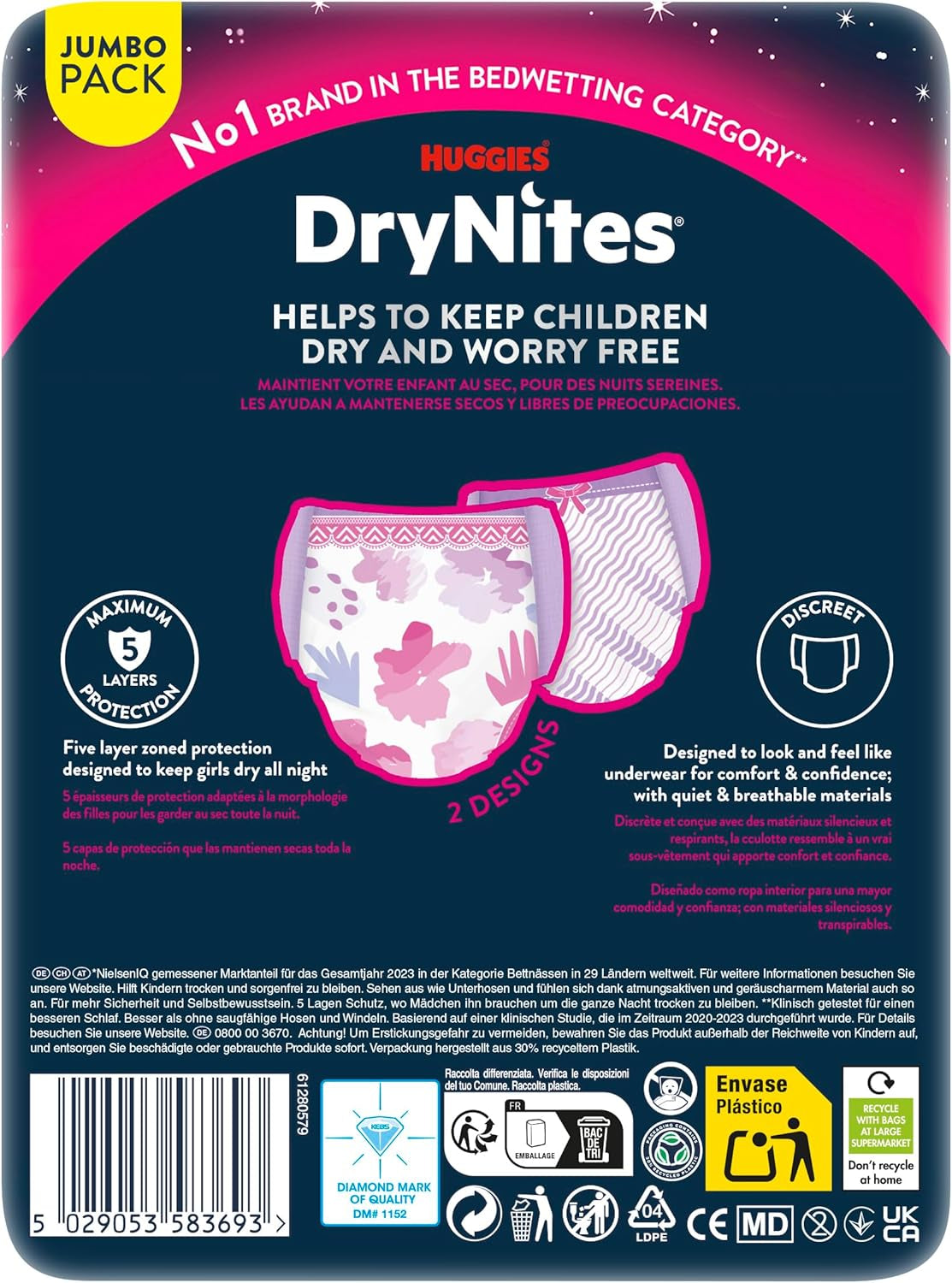 Scutece Huggies DryNites Nighttime pentru enurezis, pentru fete cu vârsta cuprinsă între 13 și aproximativ 17 ani (48-60 kg), 33 de bucăți (3 x 11), pachet lunar Jumbo, chiloți de scutece XL
