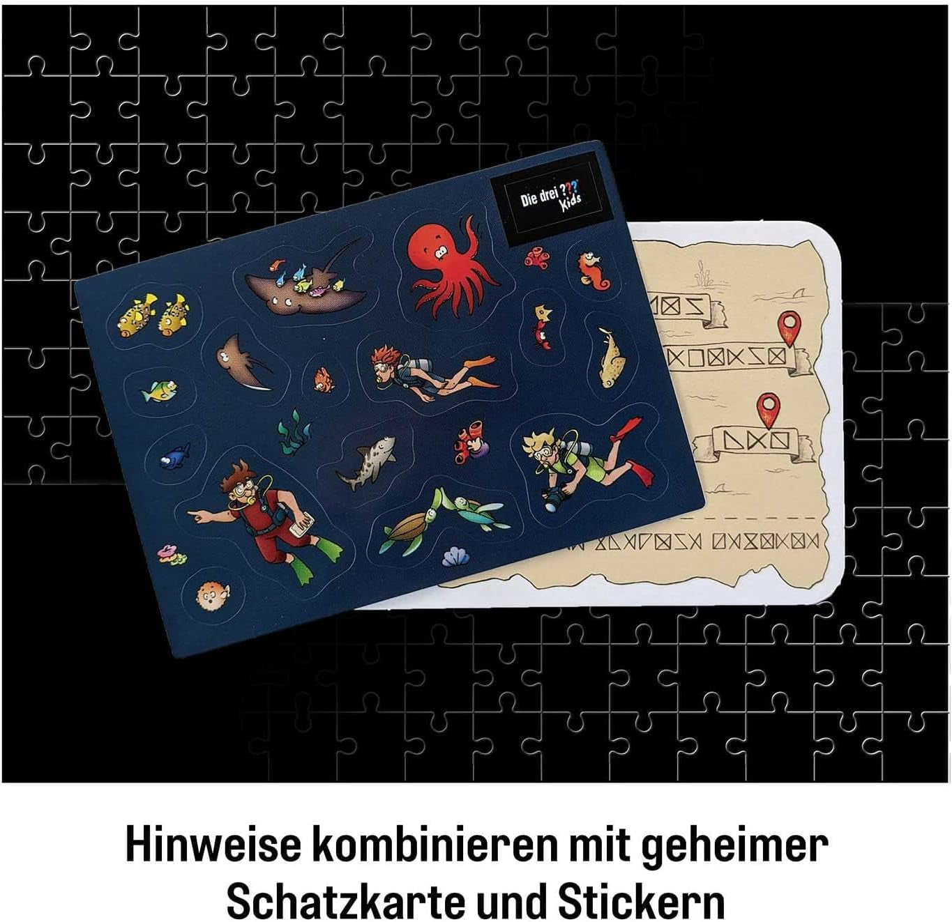 Die Drei ??? Kids - Crime puzzle - Atenție, monstru marin De la KOSMOS 680664, 150 piese, Strălucește în întuneric, Lectură, puzzle-uri, rezolvarea puzzle-urilor, puzzle detectiv pentru copii cu vârsta de peste 7 ani Puzzle Naty Shop
