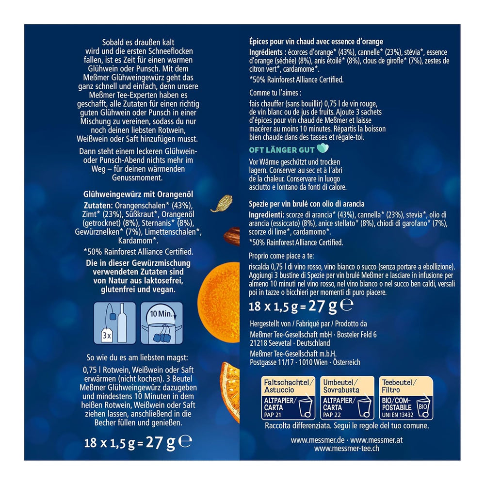 Meßmer Glühweingewürz | Für Wein oder Saft | 18 Teebeutel | Glutenfrei | Laktosefrei | Vegan