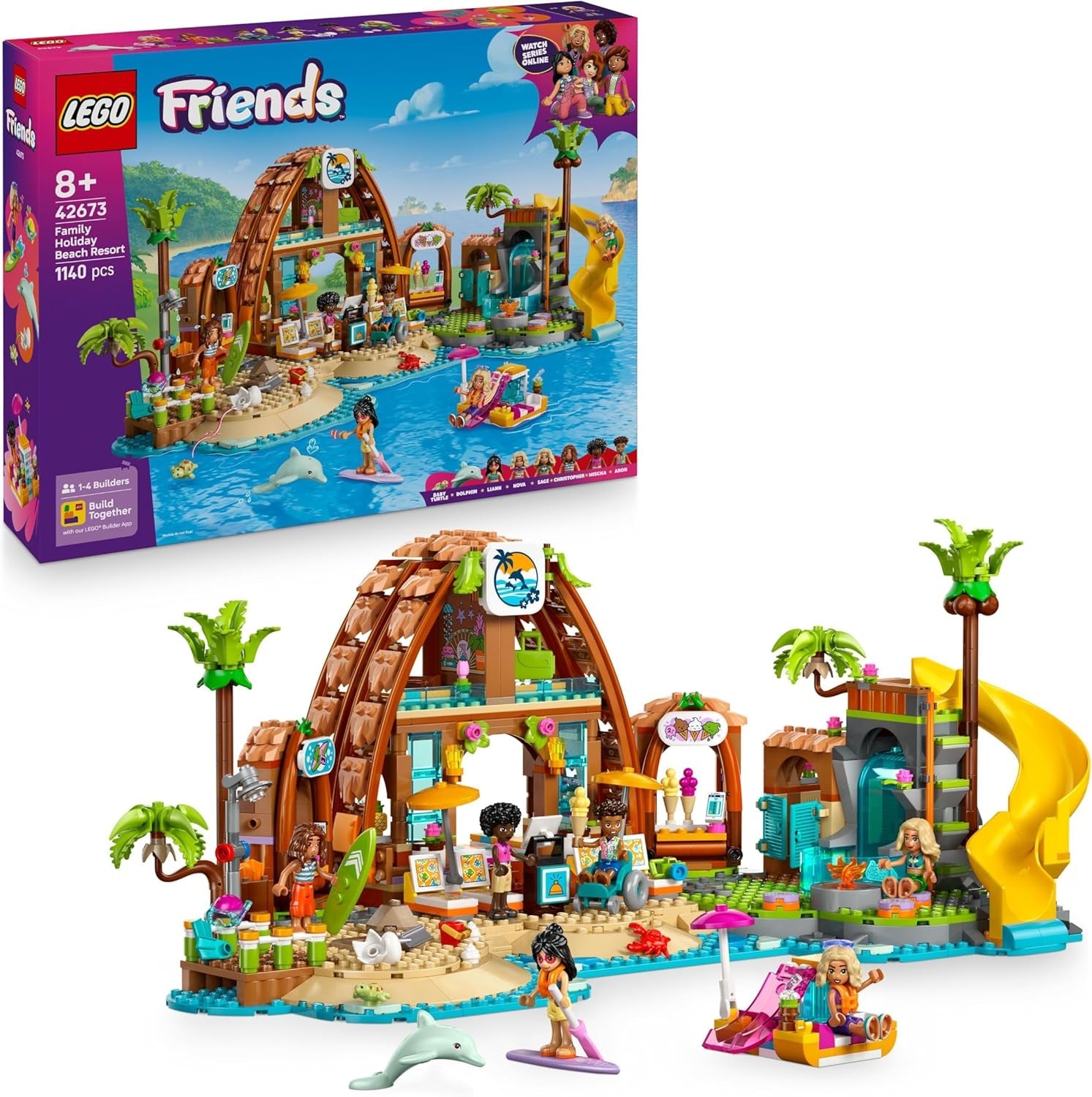 LEGO Friends Familienurlaub im Strandresort - Spielzeug mit 6 Mini-Puppen, Schildkröten- und Delfinfiguren, Eisdiele und Zubehör - Kinder Geschenk für Mädchen ab 8 Jahren - 42673