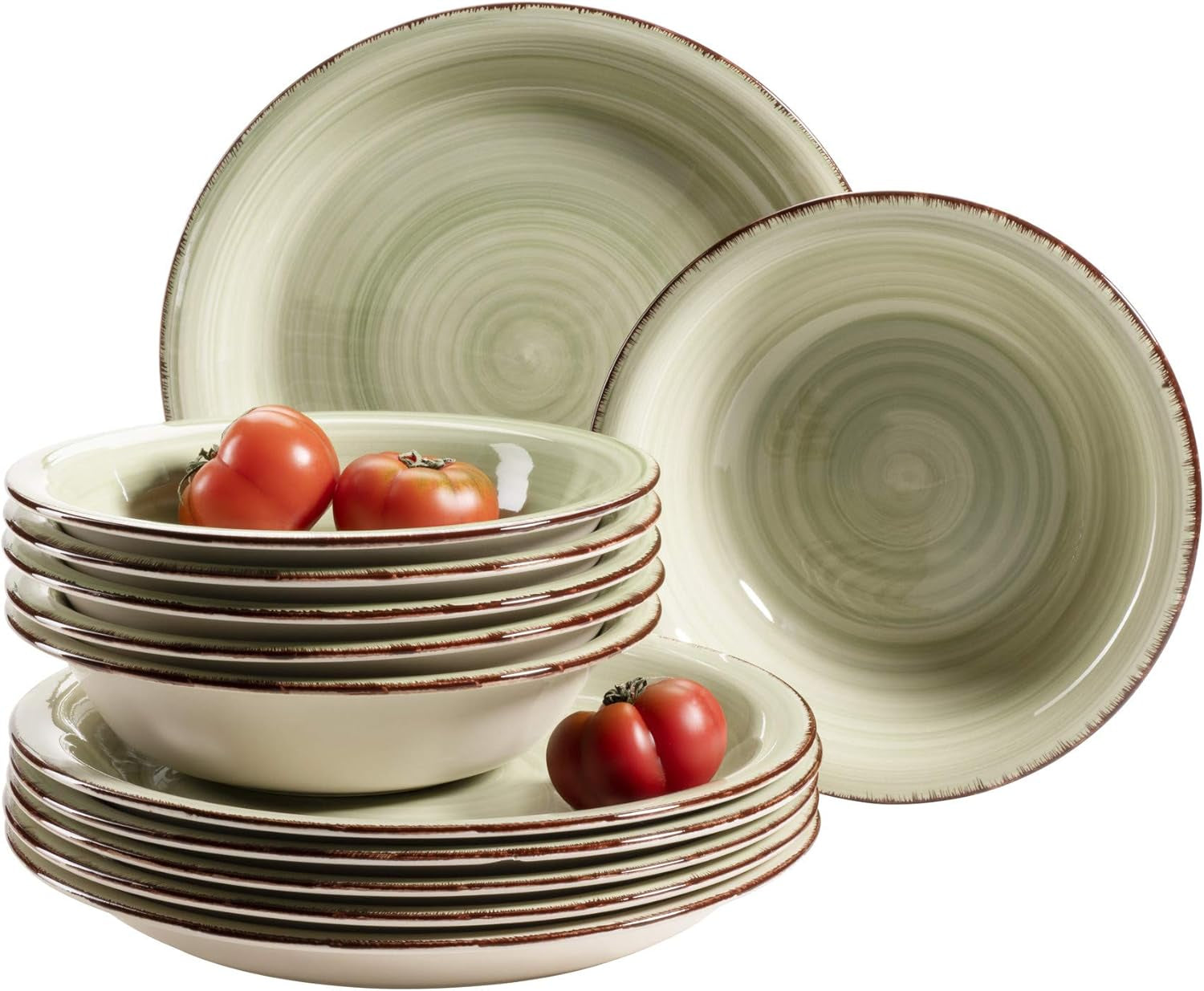 Set de veselă MÄSER pentru 6 persoane, aspect vintage modern, serviciu de masă cu 12 piese, pictat manual, verde, gresie, verde măsliniu (Bel Tempo II)