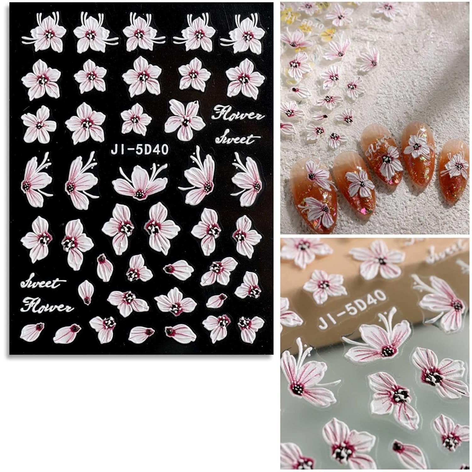 JMEOWIO 3D Nagelsticker Frühling Blume Nail Art Sticker Selbstklebend Nagelaufkleber 5D Stereoskopisch Buntes Sommer Blumen Dekoration Nageldesign Zubehör 4 Blatt