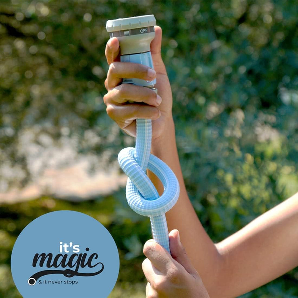 Furtun de grădină Magic Blue, extensibil, de 10 metri, rezistent la noduri și răsucire, cu sac și duză de pulverizare