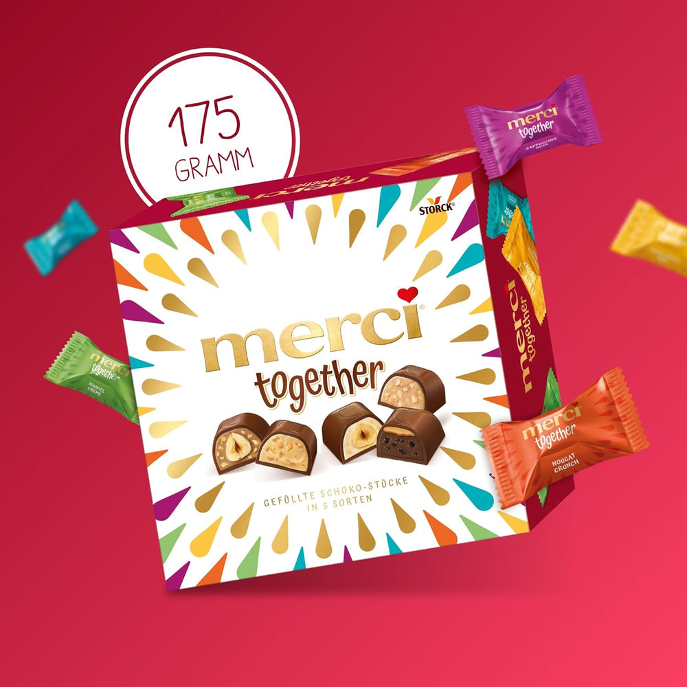 Merci Together – 1 x 175 g – Ciocolate umplute în cinci sortimente cu ciocolată fină cu lapte – Praline de ciocolată pentru a fi împărțite și oferite cadou