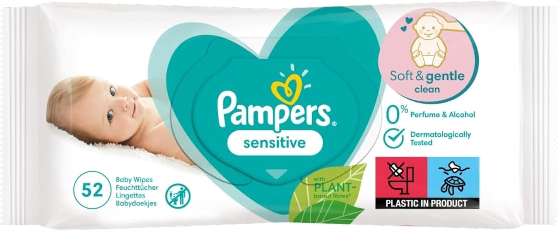 Șervețele umede Pampers Sensitive pentru bebeluși, 15 pachete a câte 80 de șervețele, 1200 de șervețele umede pentru bebeluși, curățare delicată 2 în 1 și protecție a pielii