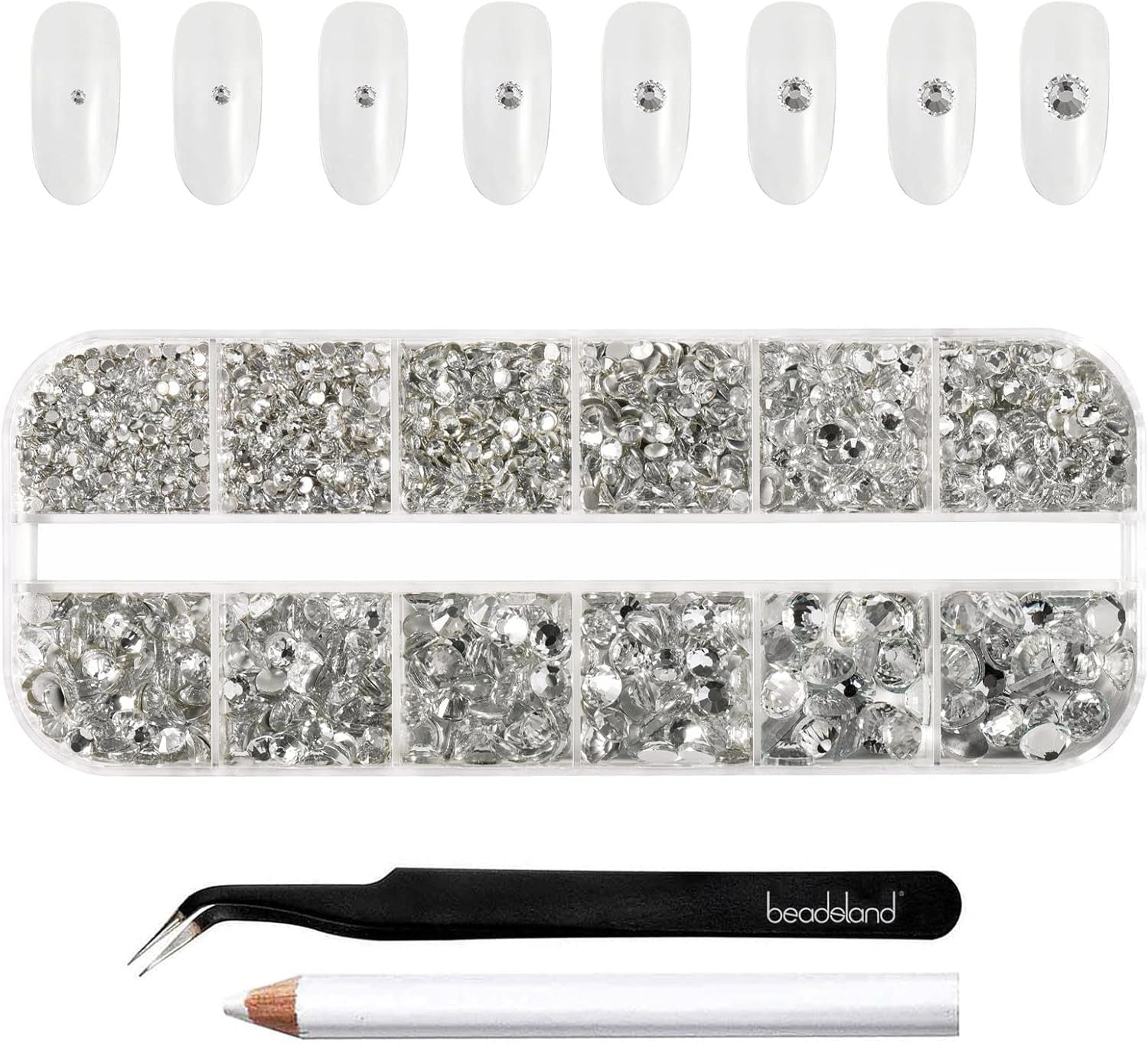 Beadsland 2500Pcs Glas Nailart Strasssteine Kristall Flatback Edelsteine Runde, Für Handwerk Gemischt 8 Größen SS4 ~ SS30 Mit Picking Pinzette Und Stift (Kristall Weiss)