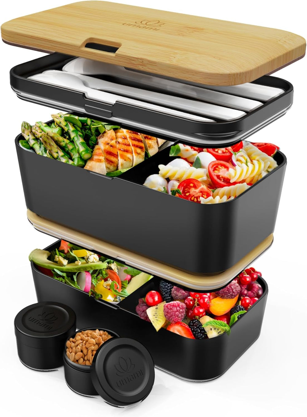 Cutie de prânz Umami pentru adulți, cutie bento stivuibilă etanșă cu 4 tacâmuri și compartimente, cutie de prânz pentru adulți, recipient pentru salată to-go, cutie de prânz pentru picnic / birou, gri cărbune, 1500 ml