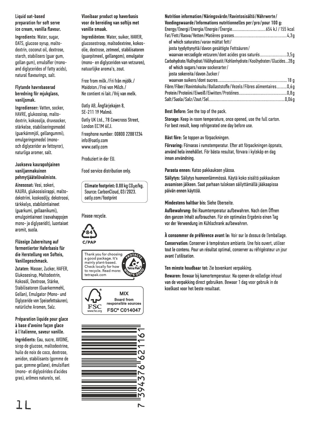 Oatly Soft Serve Mix für die Herstellung von Softeis auf pflanzlicher Basis in der Eismaschine 1L, (6er-Pack)