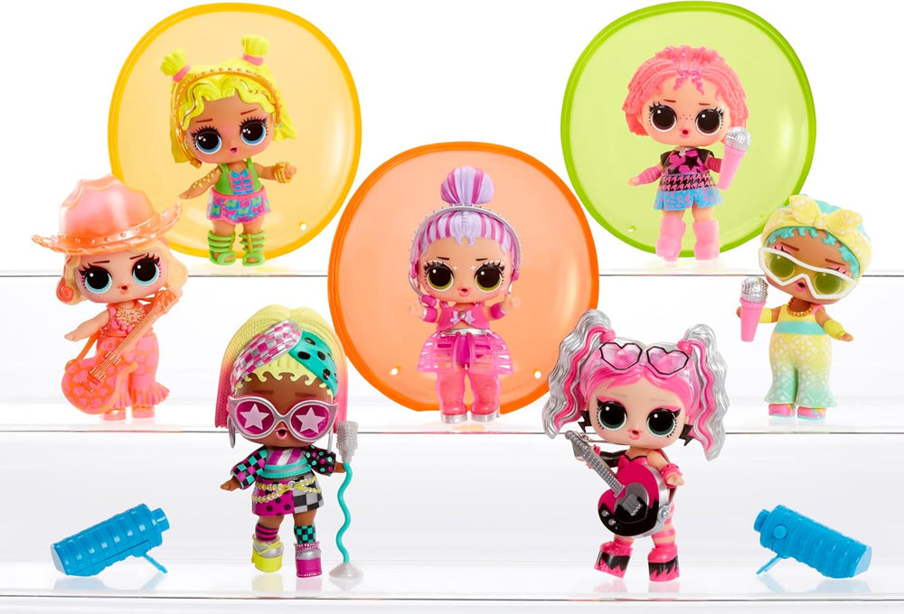 L.O.L. Surprise! Neon Pop Stars Tots - 1 păpușă cu surprize magice cu lumină neagră, ambalaj orb, 7 păpuși de colecționat, fiecare cu autocolante neon și accesorii, cadou pentru copii 4+ Papusi Naty Shop