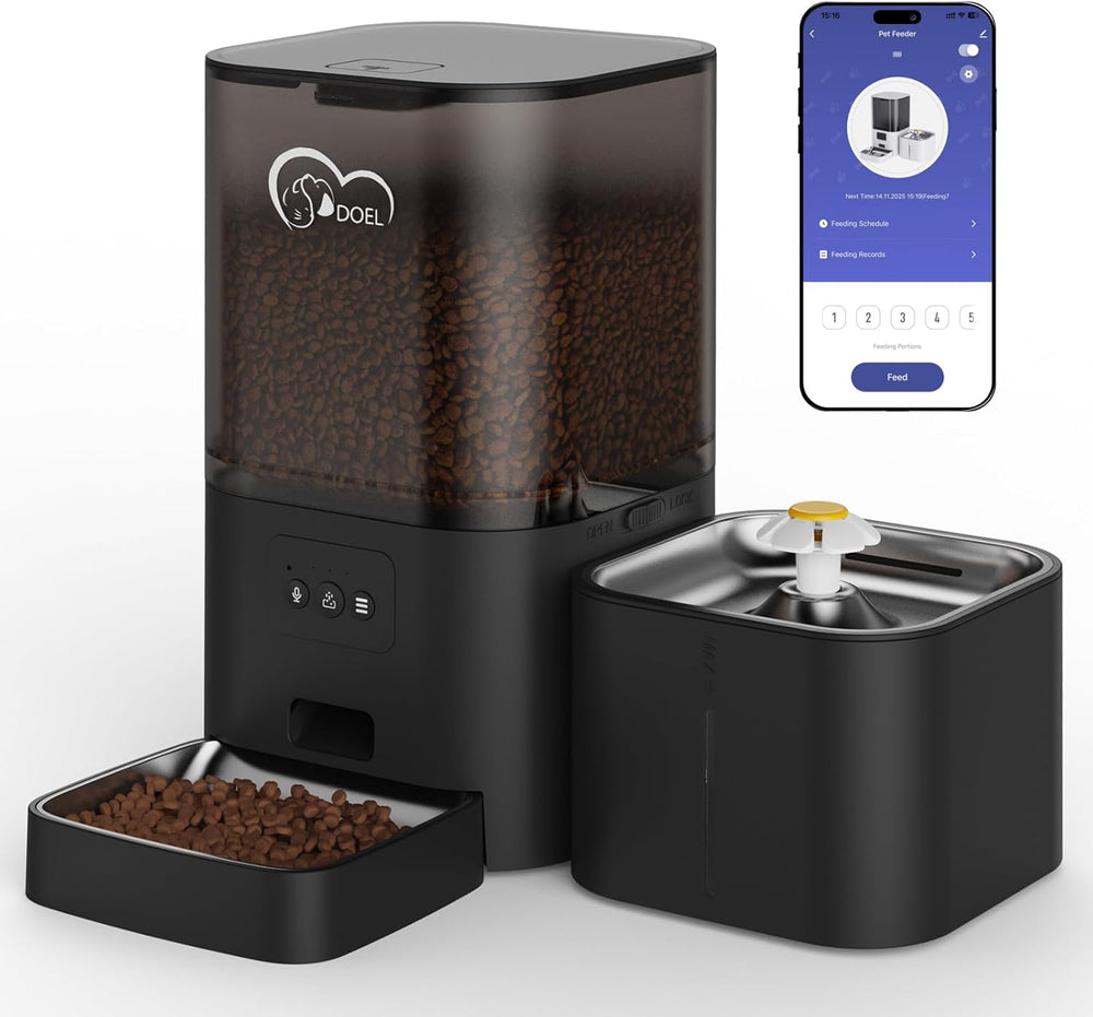 Distribuitor automat de hrană și apă 2 în 1 pentru pisici, distribuitor de hrană uscată de mare capacitate de 6 litri + distribuitor de apă de 2,5 litri cu control prin aplicație, înregistrare vocală și hrănire temporizată.