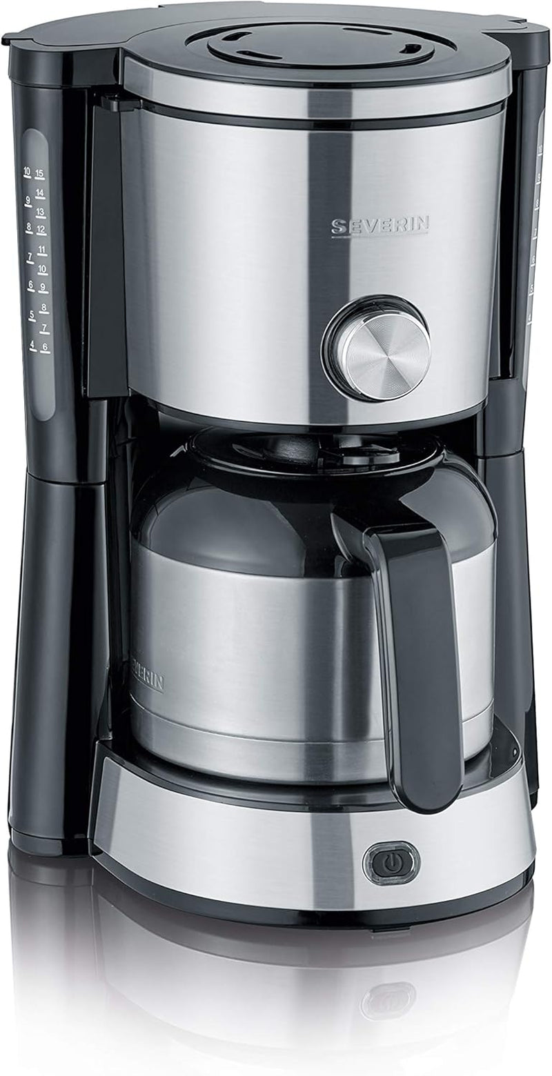 Espressor SEVERIN „TypeSwitch” cu carafă termică, AromaSwitch pentru alegerea între 2 profiluri de preparare, aparat de cafea pentru până la 10 cești, 1000W, oțel inoxidabil periat-negru, KA 4845