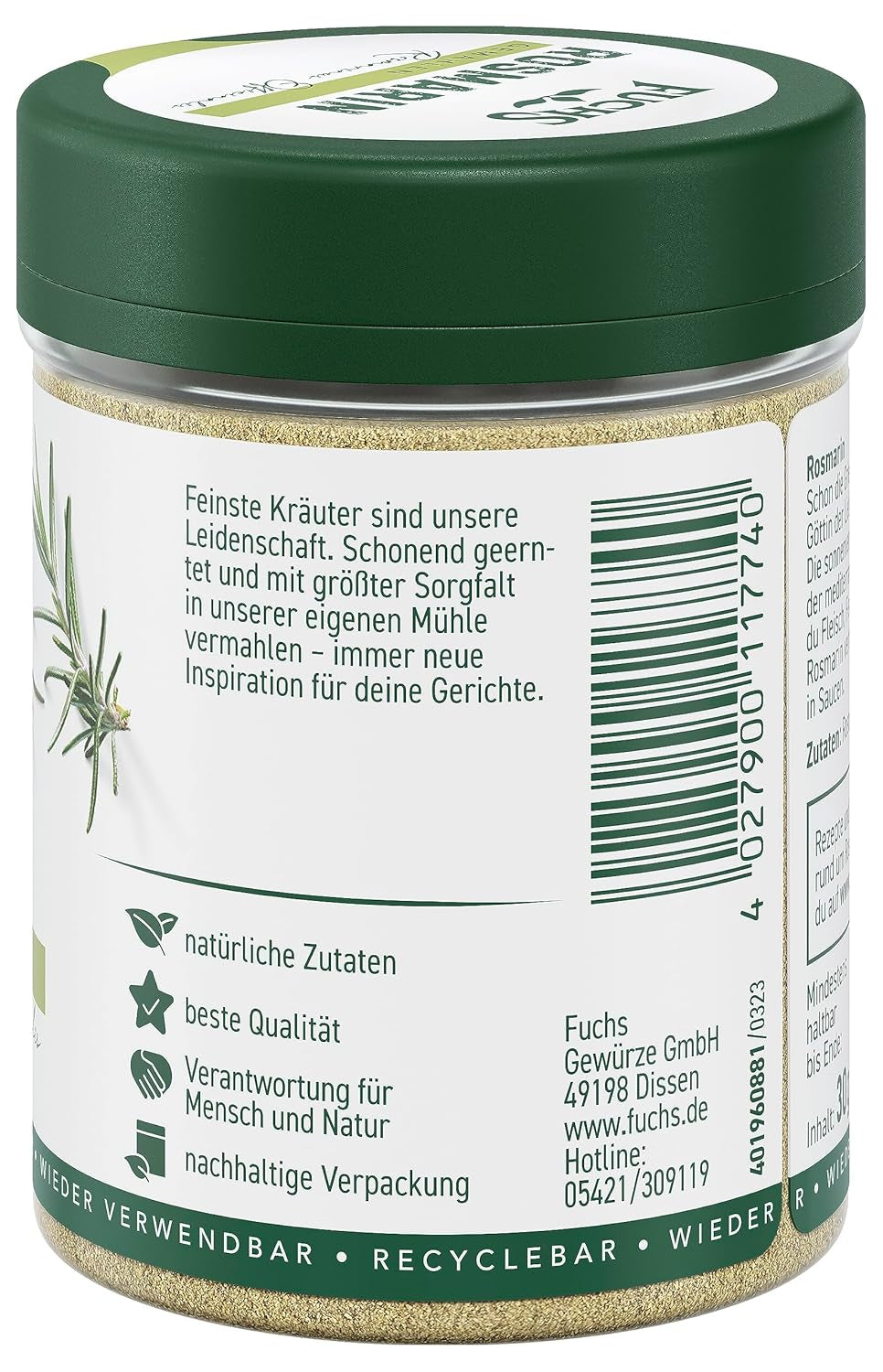 Fuchs Gewürze - Rosmarin gemahlen - zum Würzen von Fisch, Fleisch und Gemüse - natürliche Zutaten - 30 g in wiederverwendbarer, recyclebarer Dose