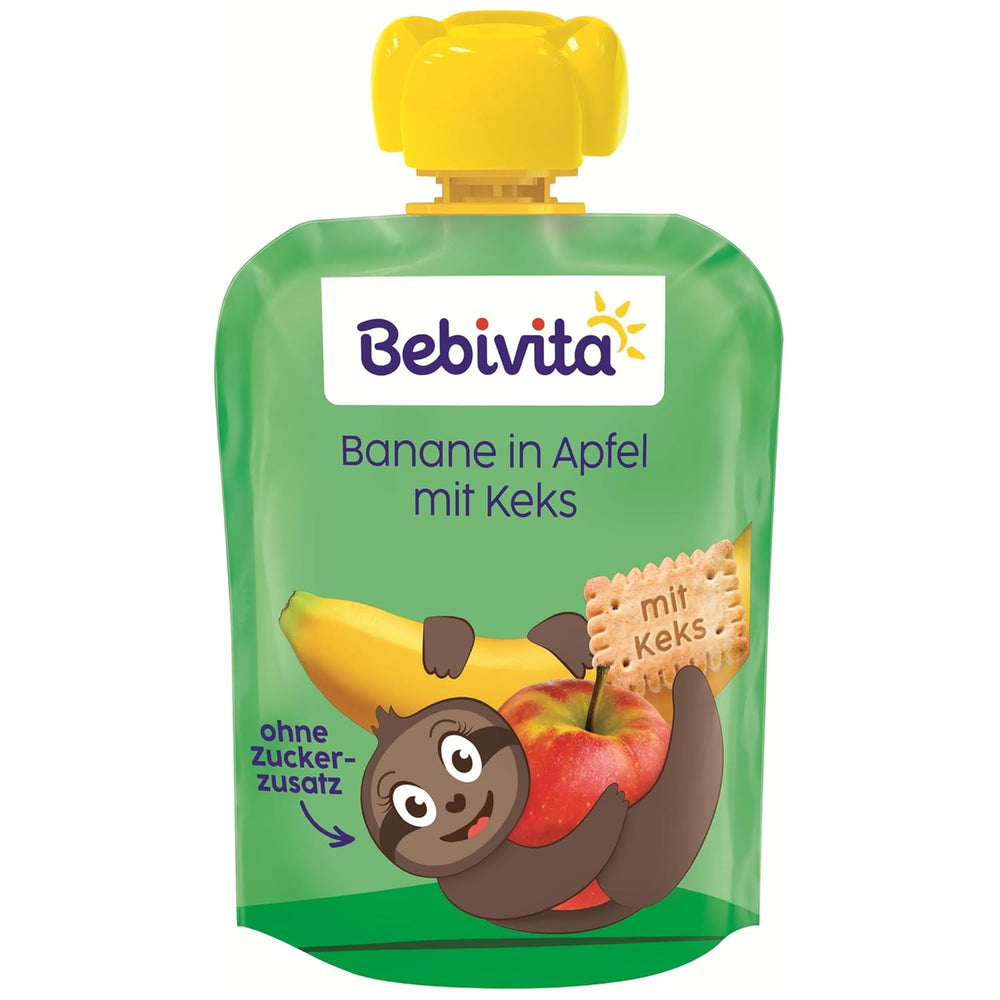 Banană în măr cu plic de biscuiți – 16 bucăți (4 pachete, 4 x 90g fiecare), fără zahăr adăugat, făcute din fructe blânde și cereale valoroase, ideale pentru gustări la pachet și pentru deplasare