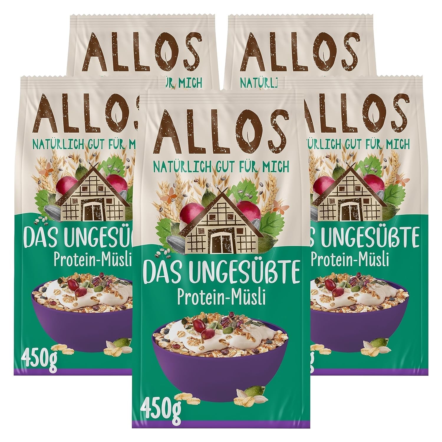 Muesli proteic neîndulcit Allos | Muesli organic | Fulgi de ovăz | Cereale pentru micul dejun | Vegan (5 x 450g), 1 bucată (pachet de 5)