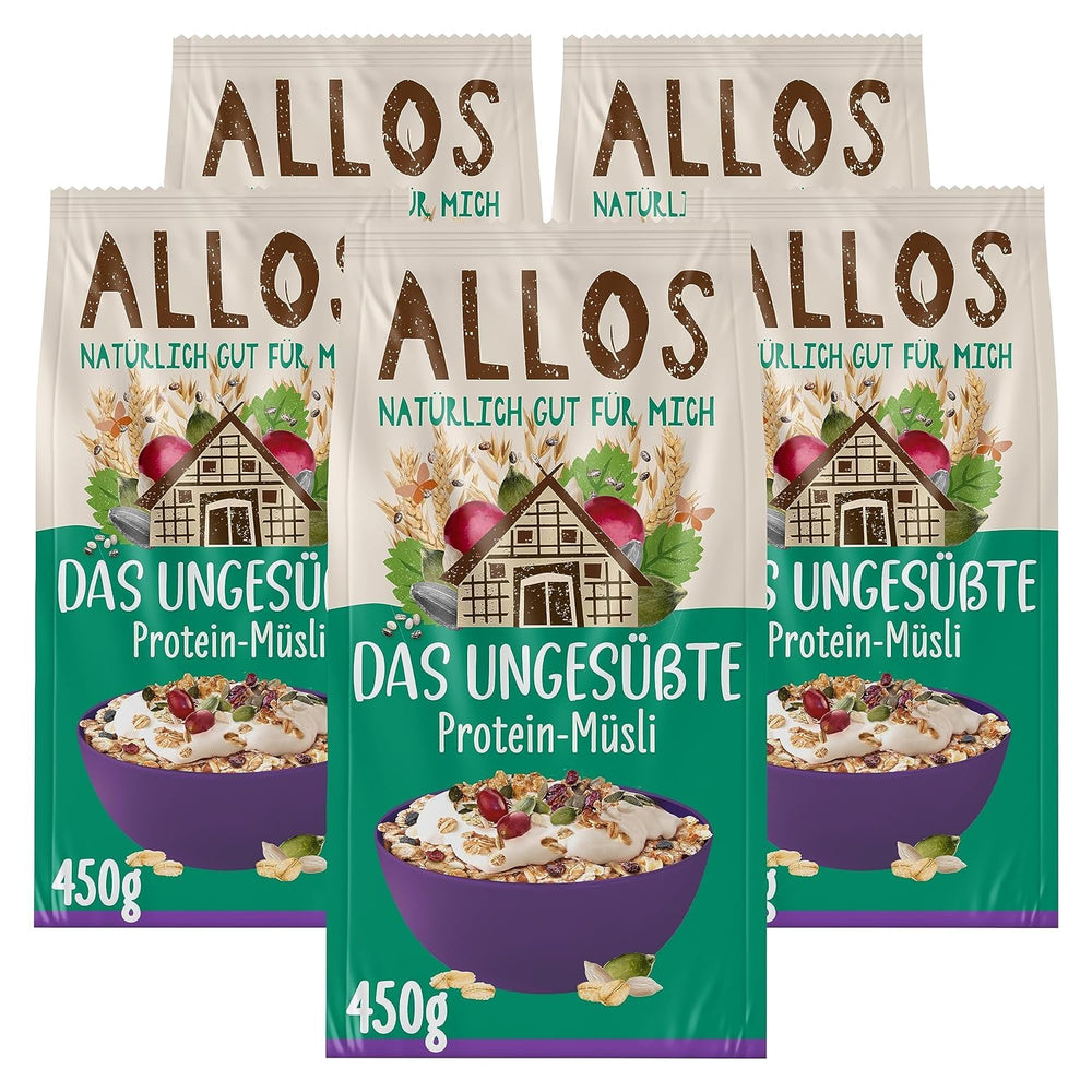 Muesli proteic neîndulcit Allos | Muesli organic | Fulgi de ovăz | Cereale pentru micul dejun | Vegan (5 x 450g), 1 bucată (pachet de 5)