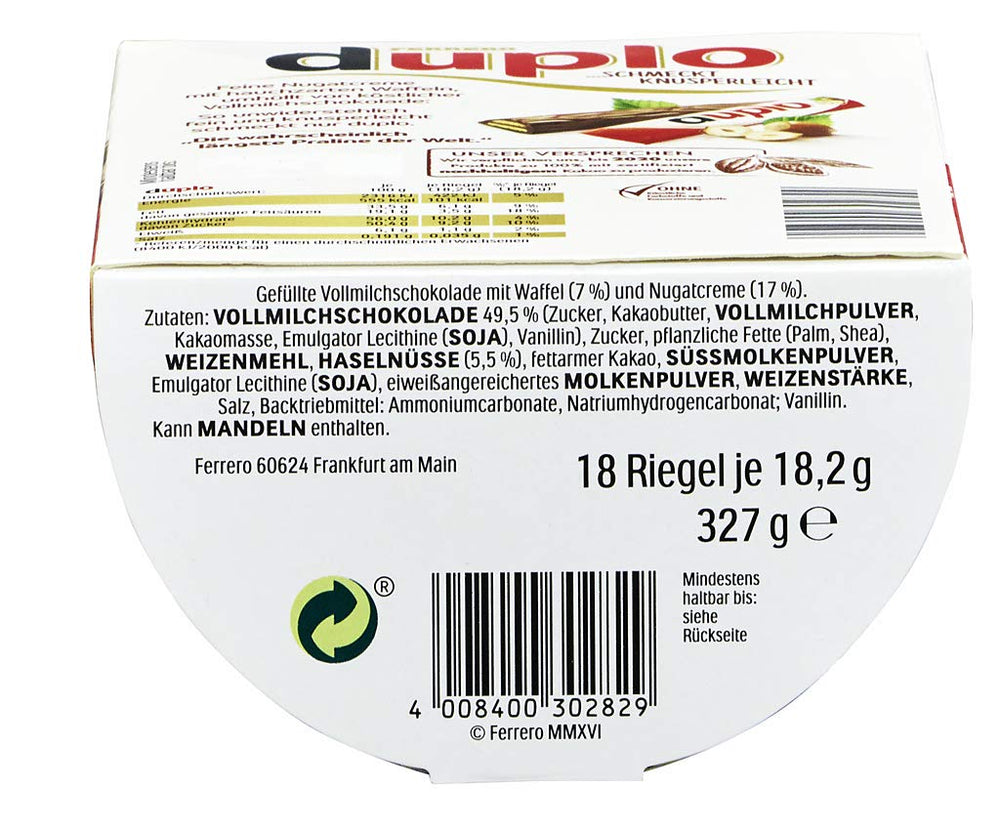 Ferrero duplo Pachet Mare – Batoane de ciocolată cu cremă fină de nuga, napolitană crocantă și ciocolată cu lapte fină – Dulciuri pentru Carnaval și Mardi Gras – 15 pachete a câte 18 batoane ambalate individual fiecare