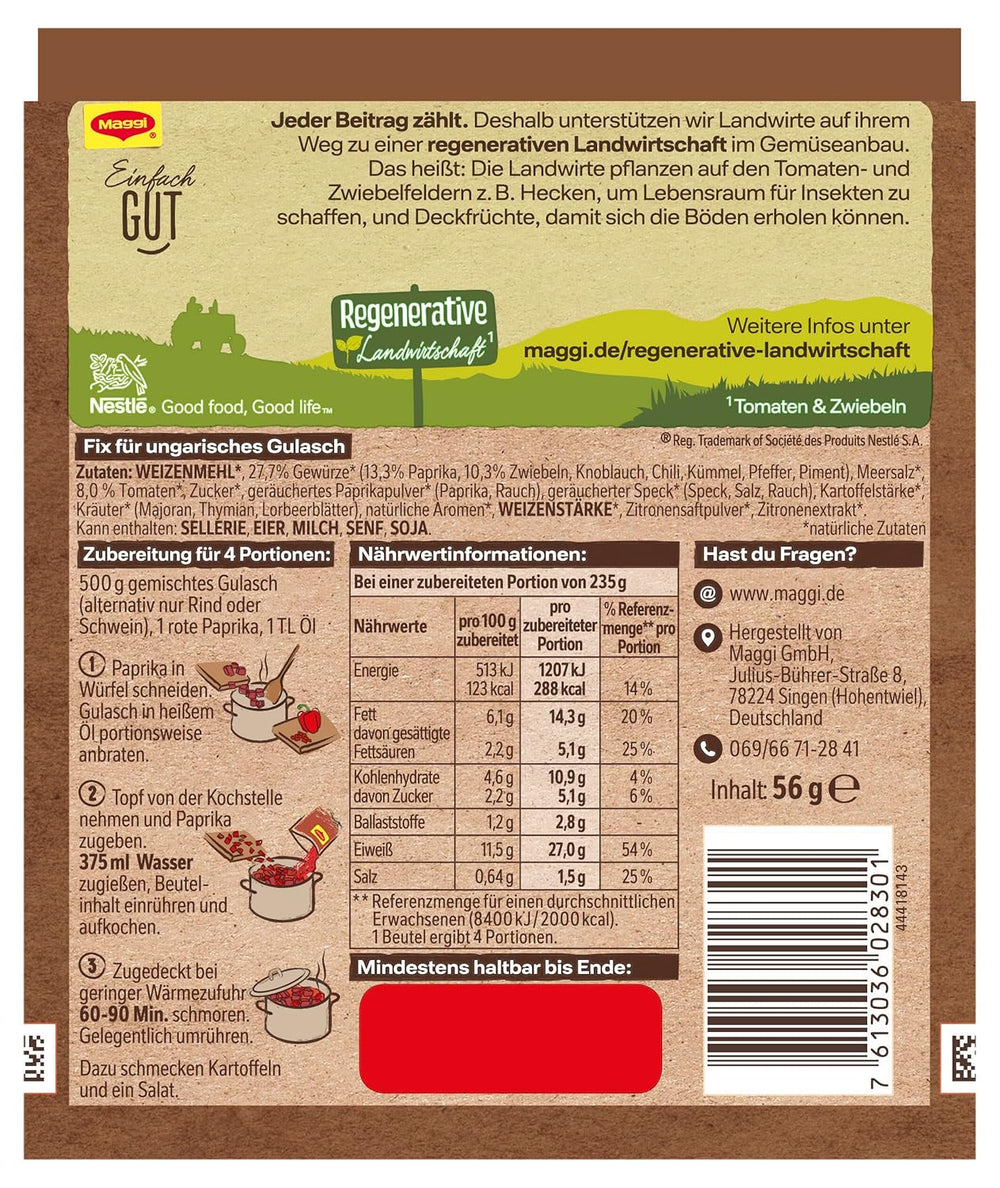 MAGGI Fix für Ungarisches Gulasch, Würzmischung, mit natürlichen Zutaten*, für 4 Portionen, 1er Pack (1 x 56g Packung)