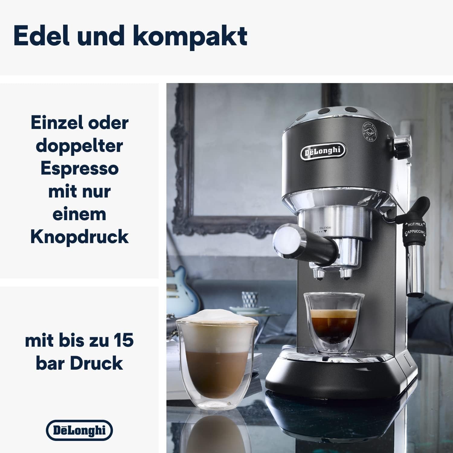De'Longhi Dedica Style EC 685.B – Espressor cu portafiltru, espressor cu spumator de lapte profesional, doar 15 cm lățime, pentru cafea măcinată sau capsule ESE, rezervor de apă de 1 l, negru