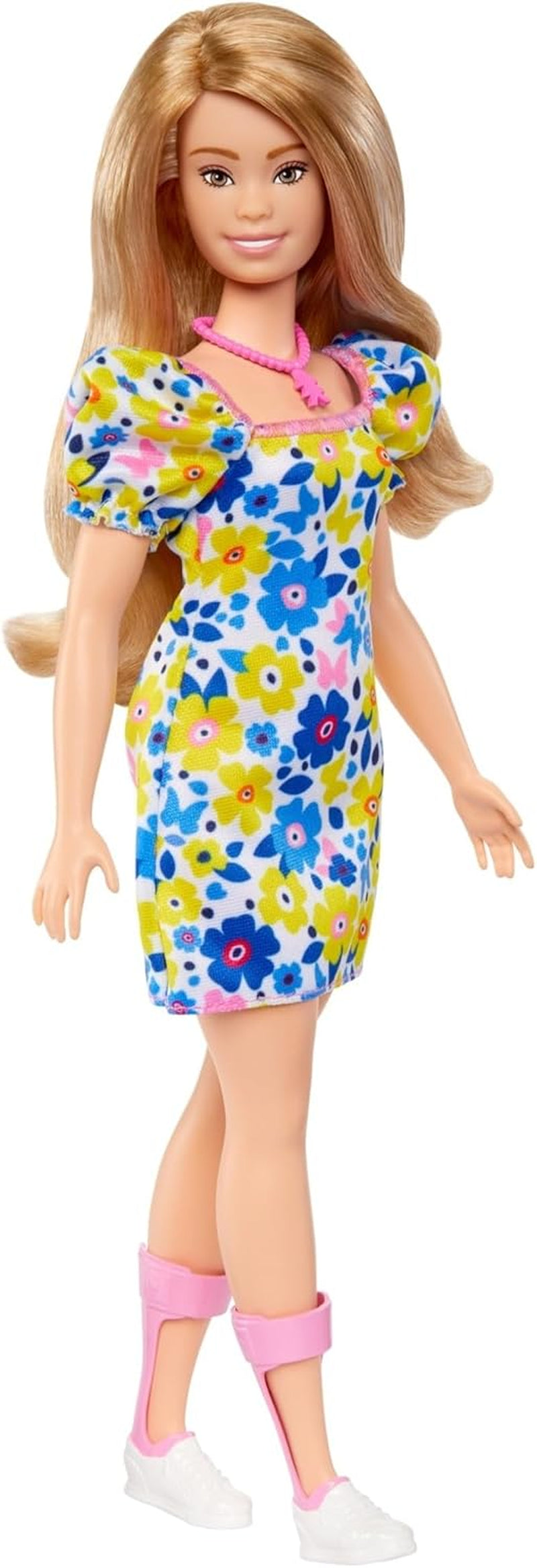 Barbie Fashionistas - păpușă dezvoltată cu Societatea Națională pentru Sindromul Down, păr blond și ținută trendy cu rochie florală și adidași albi, pentru copii de la 3 ani, HJT05 Papusi Naty Shop Titlu implicit
