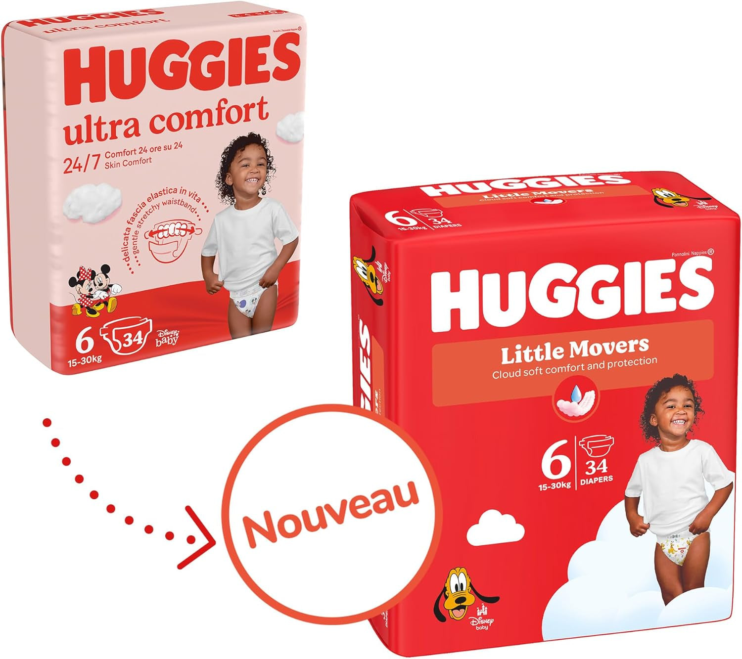 Scutece Huggies pentru bebeluși Little Movers, design Disney, mărimea 6, 102 buc (3 x 34), cutie lunară