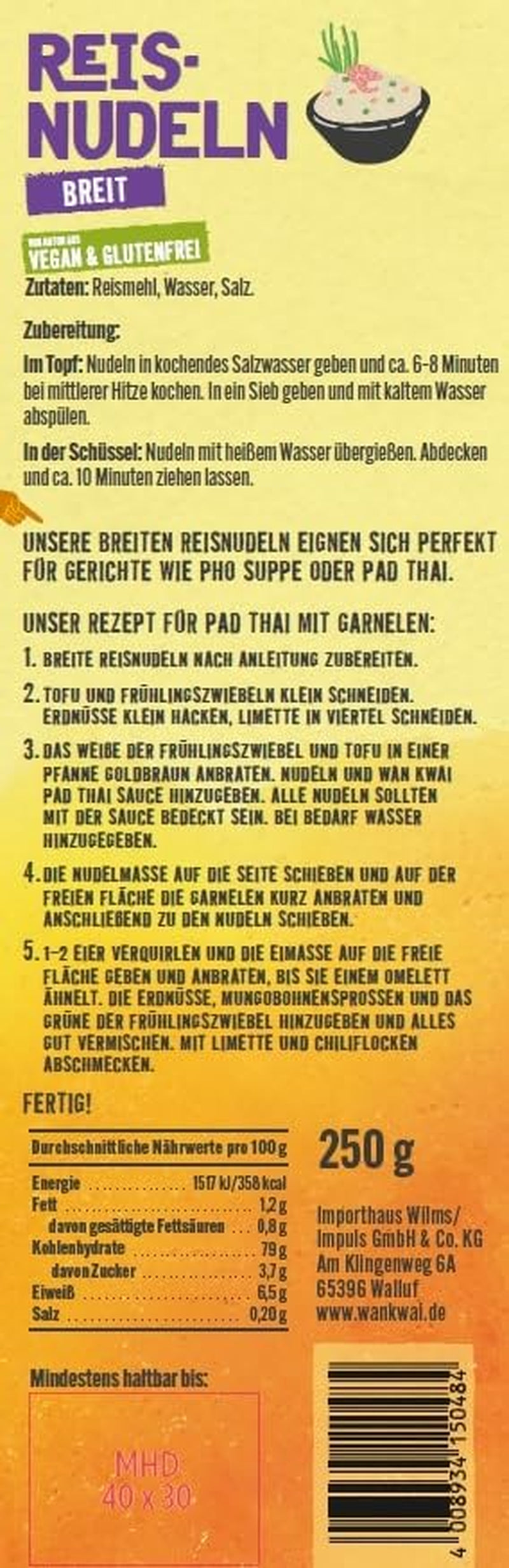 Tăiței lați de orez Wan Kwai 250g – Varietate autentică pentru Pad Thai, supe și multe altele. Vegani și fără gluten. Gata în 8 minute.