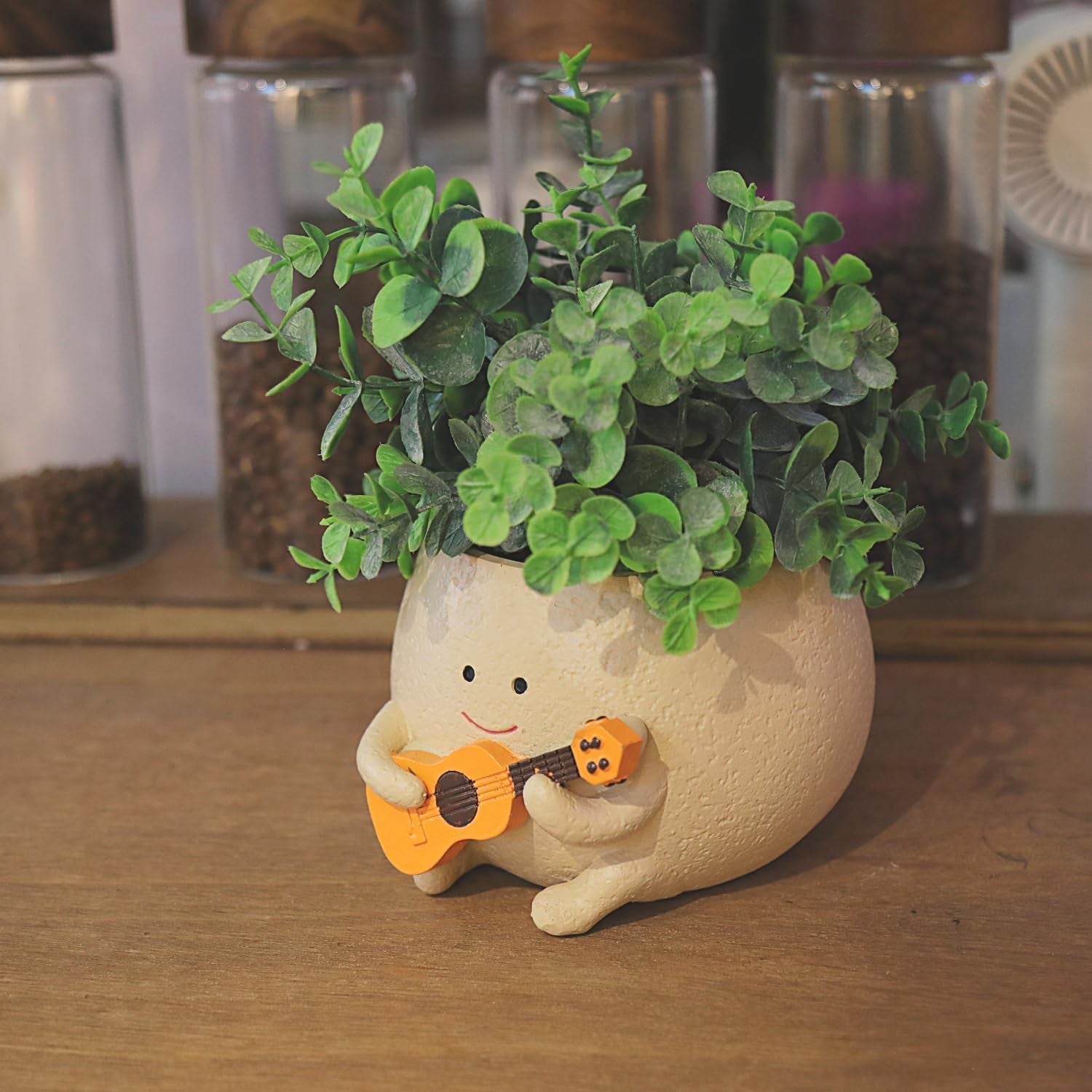 Ghiveci cu față zâmbitoare, cap drăguț din rășină, ghivece pentru coliere de perle, chitară unică, ghivece suculente pentru interior și exterior, idee de cadou, pentru mamă