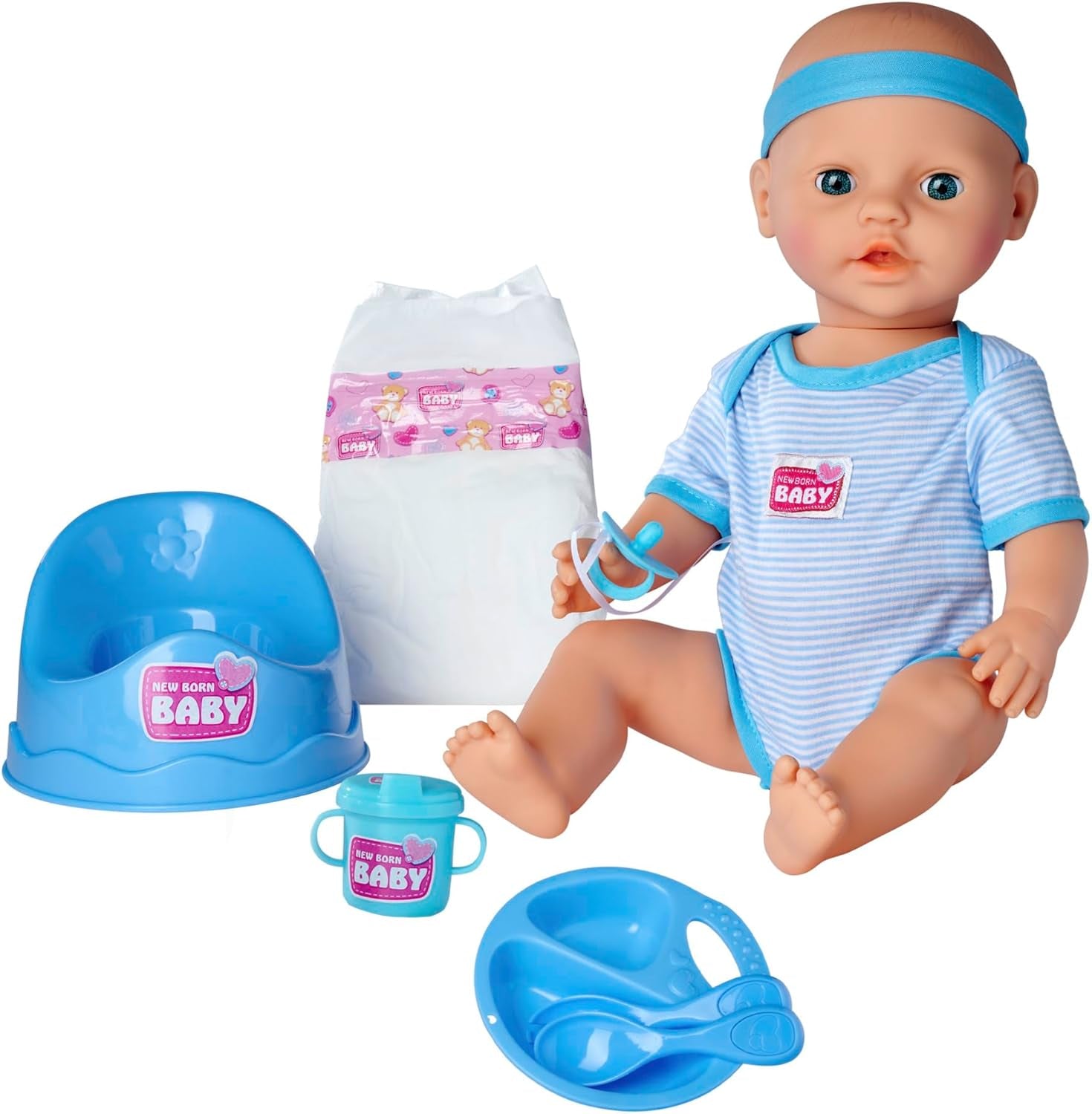 Simba 105030044 - Păpușă nou-născută - Băiat, Păpușă din vinil integral cu ochi adormiți, funcție de băut și ud și accesorii, 8 piese, 43 cm, Păpușă bebeluș, vârste 3+