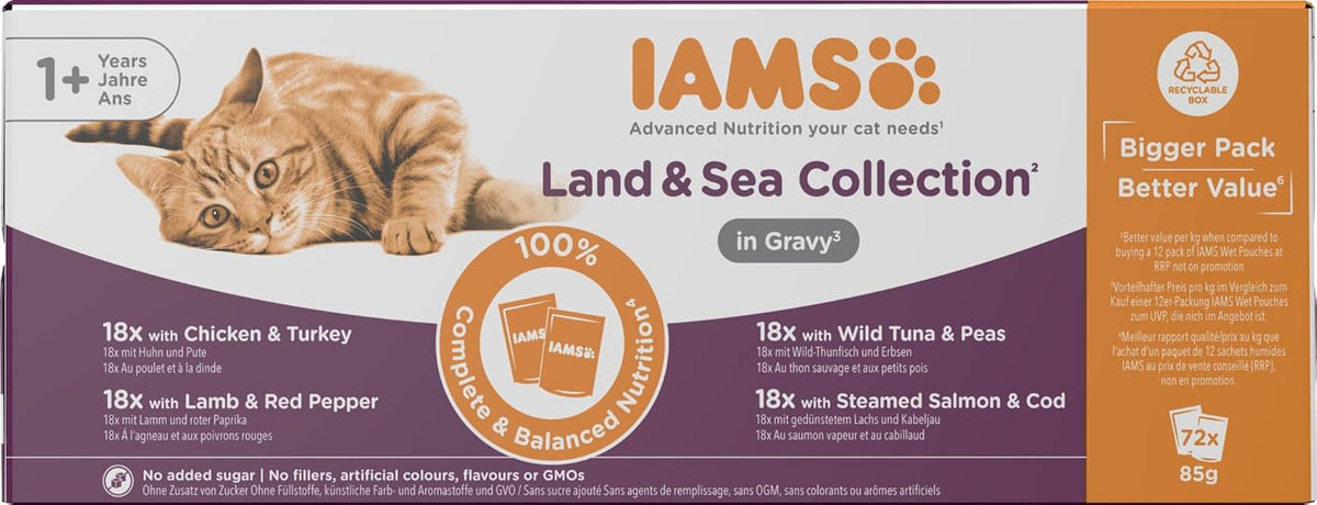 IAMS Delights Land & Sea Collection Hrană umedă pentru pisici - Pachet multiplu cu sortimente de carne și pește în sos, hrană umedă pentru pisici de la 1 an, 72 x 85 g