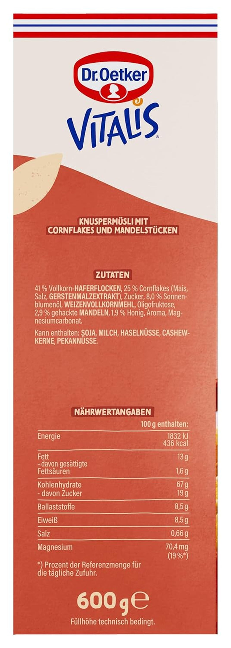 Dr. Oetker Vitalis Crunchy Flakes: Musli crocant cu fulgi de porumb și bucăți de migdale, pachet de 5 (5 x 600g)