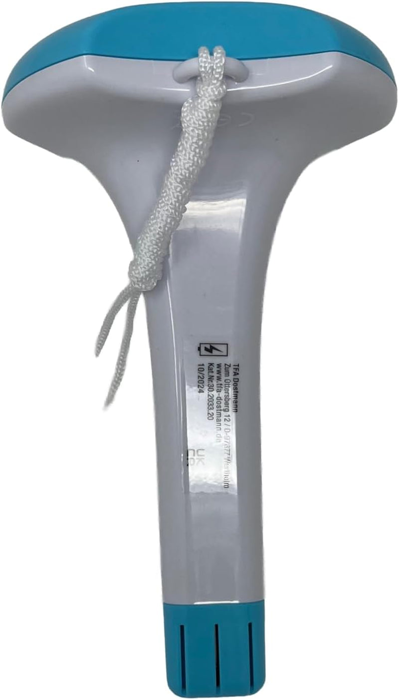 Termometru solar digital pentru piscină TFA Dostmann 30.2033.20, cablu de 1 m, rezistent la apă IPX8, baterie neinclusă, interval de măsurare -20 până la +50 °C, precis, ideal pentru piscine, iazuri, piscine, alb/turcoaz