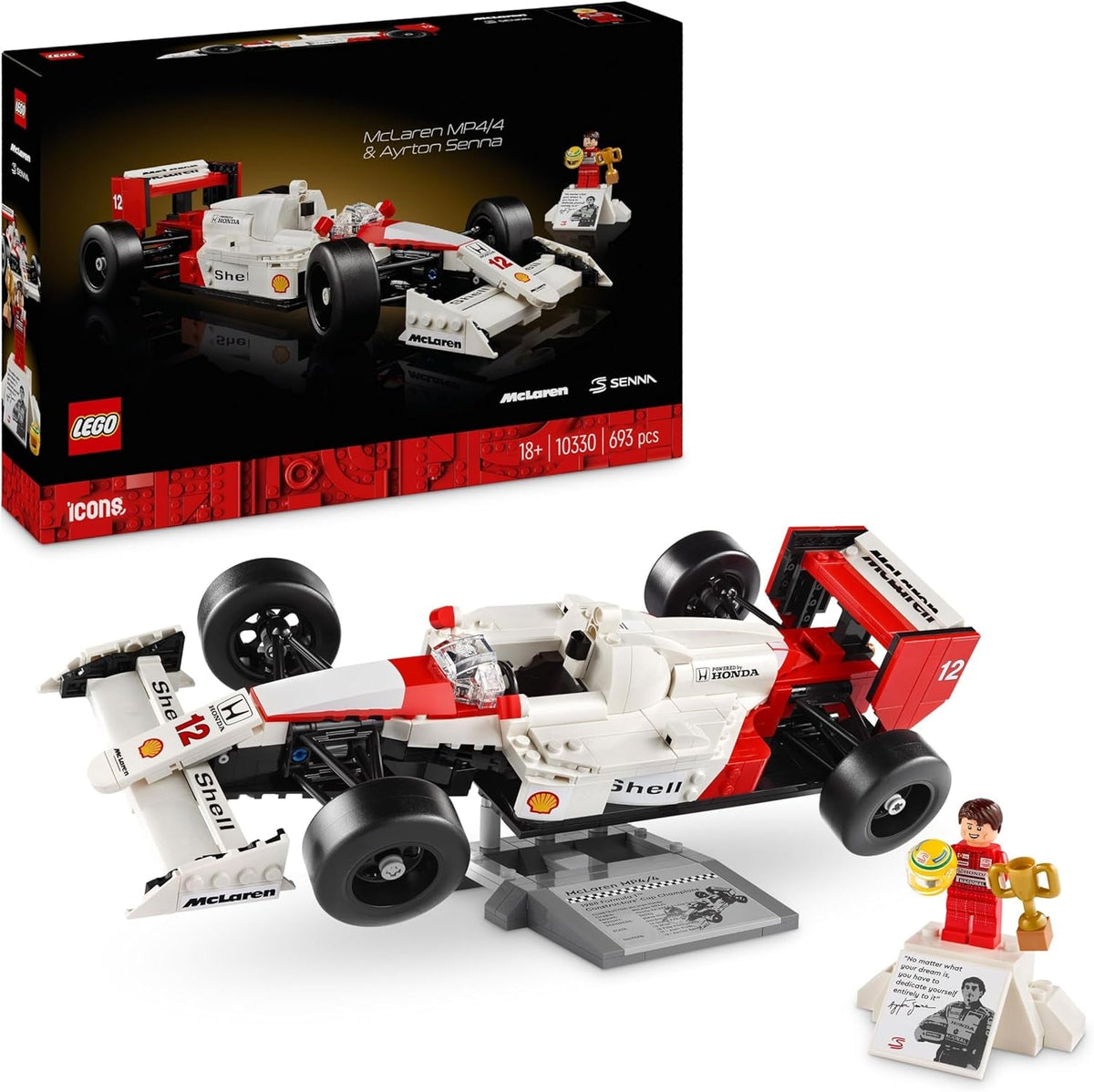 Set de mașini model LEGO Icons Mclaren MP4/4 & Ayrton Senna, kit de mașini de curse F1 pentru adulți cu mini-figură de pilot de curse, obiect de colecție, idee de cadou pentru bărbați, femei, el & ea 10330 Seturi de constructie Besuche den LEGO-Store Singur