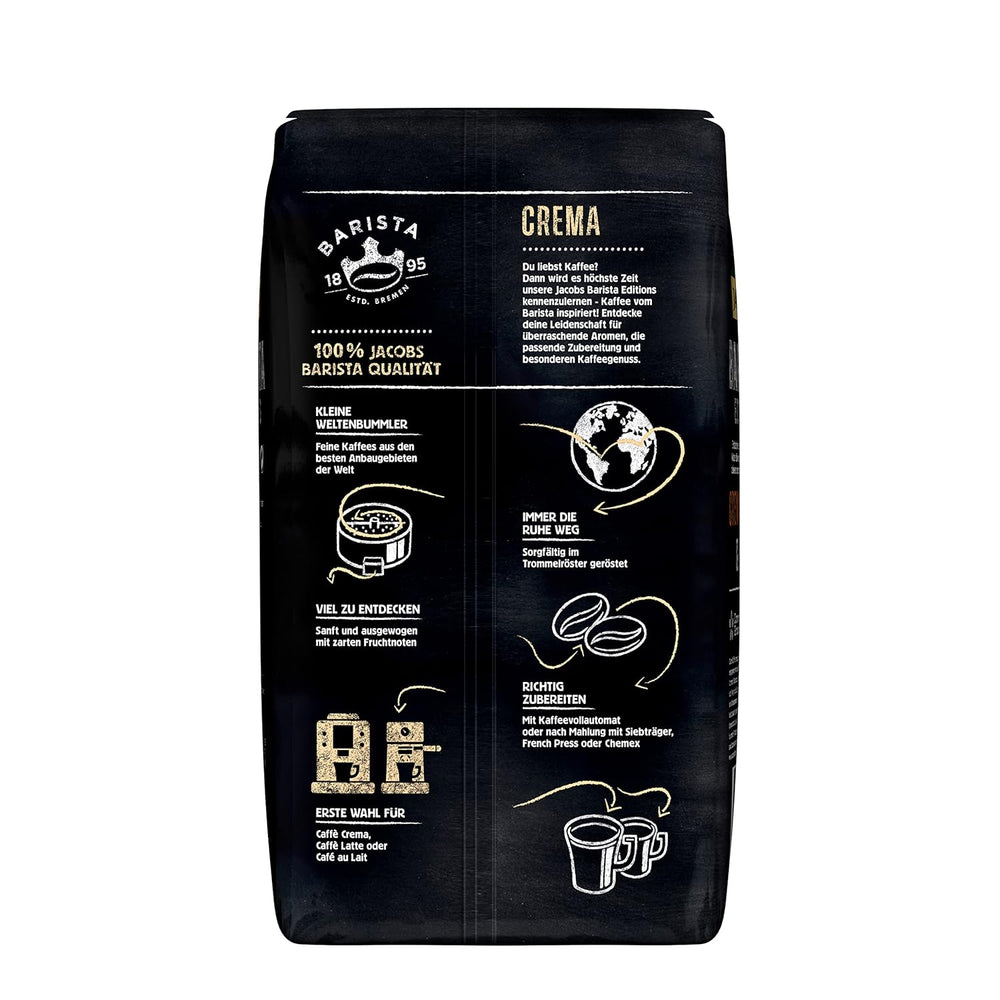 Boabe de cafea Jacobs Barista Crema 1kg – Echilibrate, note citrice, nuci, boabe Arabica și Robusta, intensitate 5/10, ideale pentru Caffè Crema (pachet de 2)