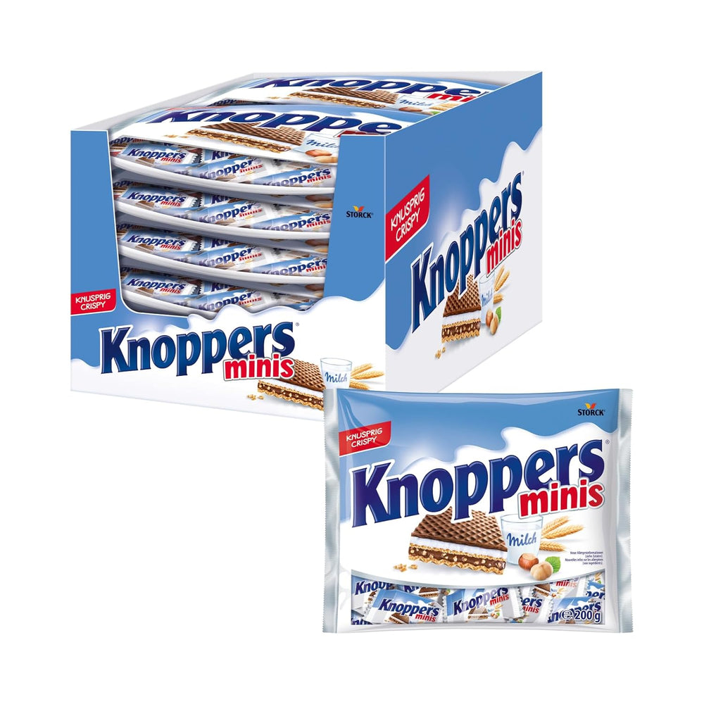 Knoppers Alb și Negru – 8 x 25 g – Felii de napolitană umplute cu napolitane cu cacao neagră, bucăți de biscuiți negri, lapte și cremă de nuga